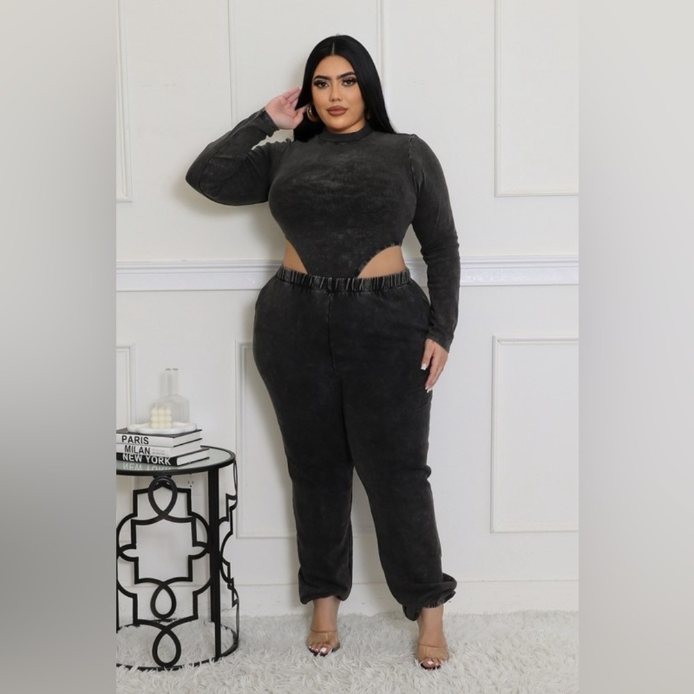 Chic Black Cutout Plus Size Long Sleeve Bodysuit & Pants Lounge Set